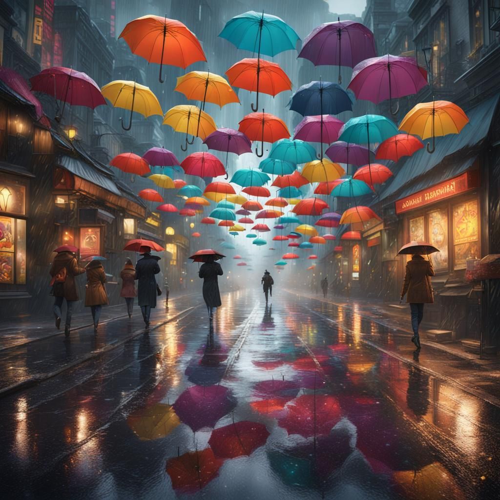 Colorful Umbrellas on a Rainy Day: Matte Painting