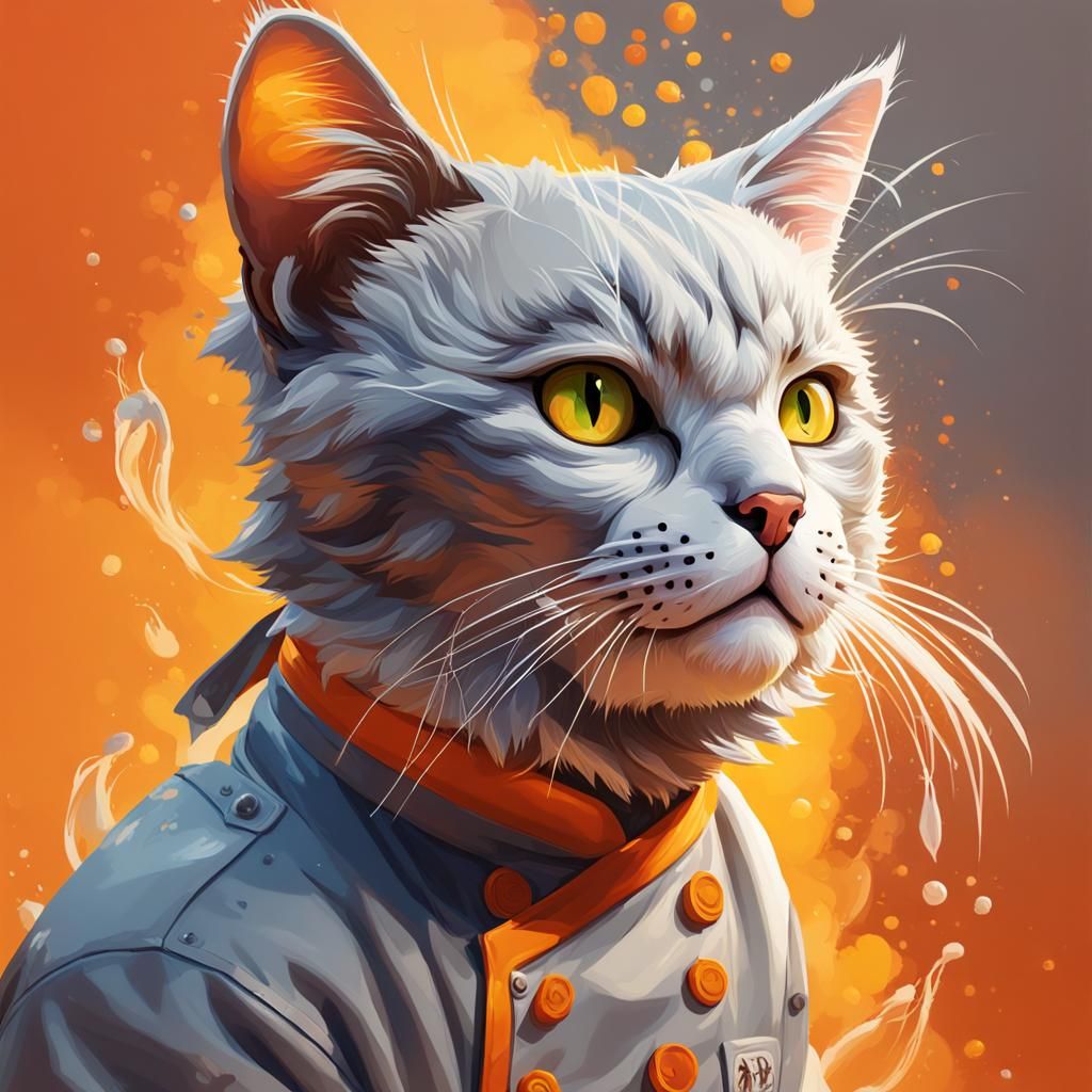 Hyperrealistic Gray and Orange Chef Kitty Portrait