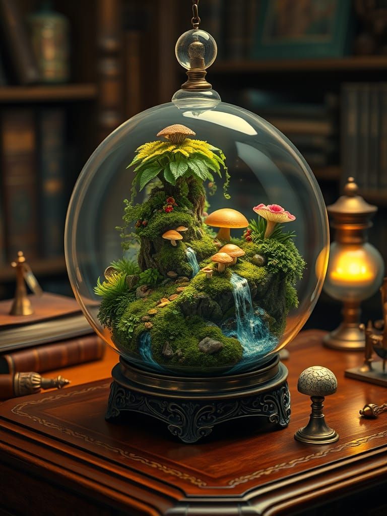 Miniature Ecosystem in Glass Orb: Botanical Illustration
