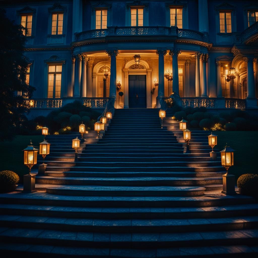 Mansion Entrance at Night in Cinematic Style