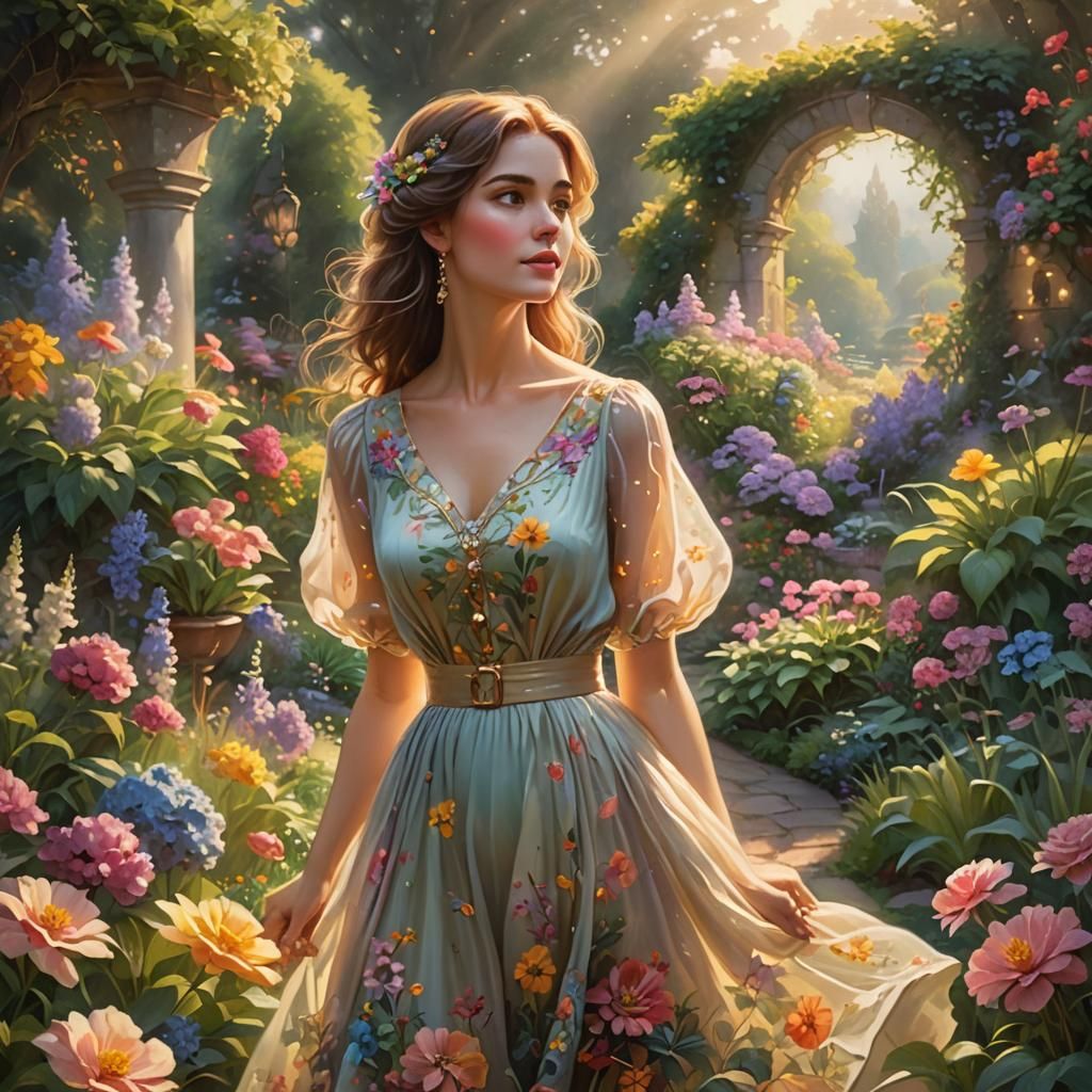 Woman in Lush Garden: Ethereal Fantasy Art