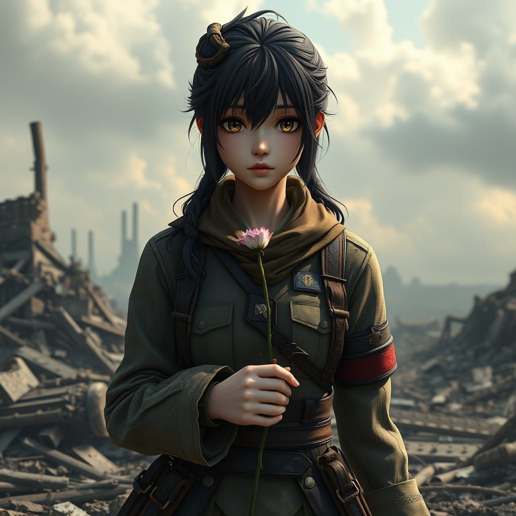 Solemn Young Woman Honors Fallen Partisan with Wilting Flowe...