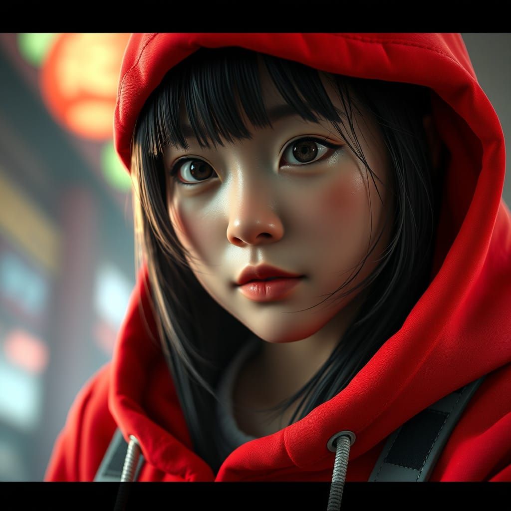 Detailed Portrait of Girl in Red Hoodie