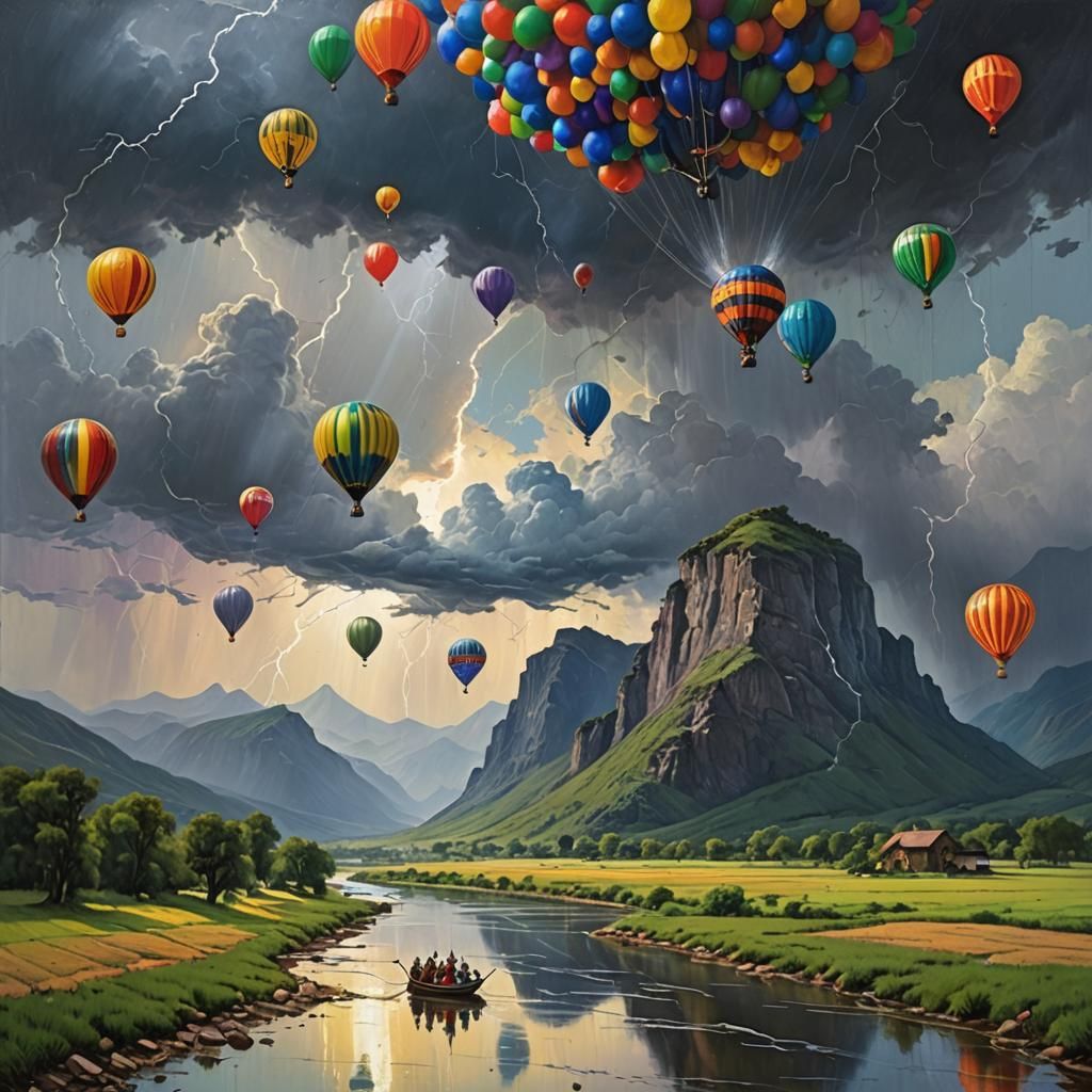 Balloon Ride Interrupted by Storm, Oil Painting
