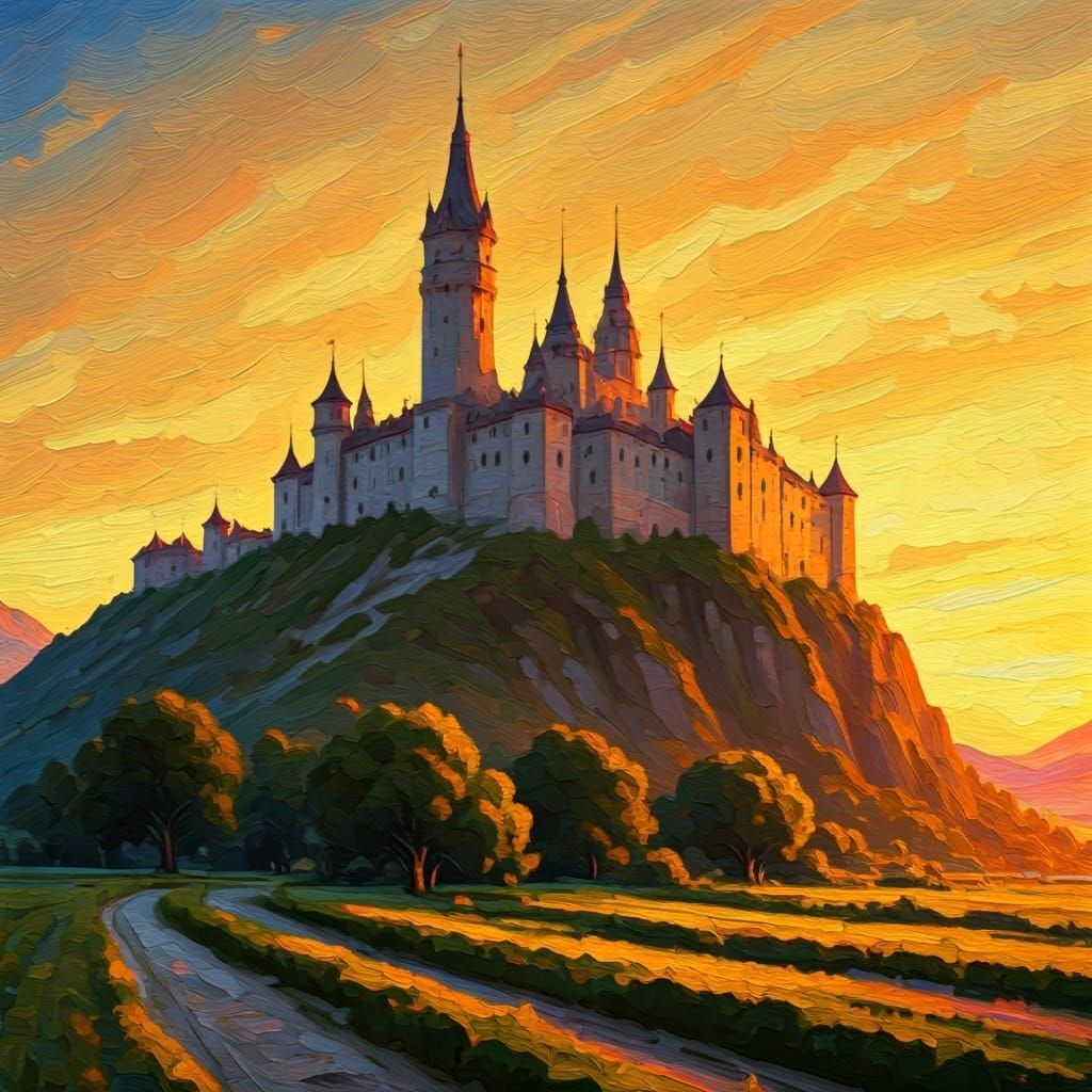 Mountain Castle at Sunset as Impasto Painting