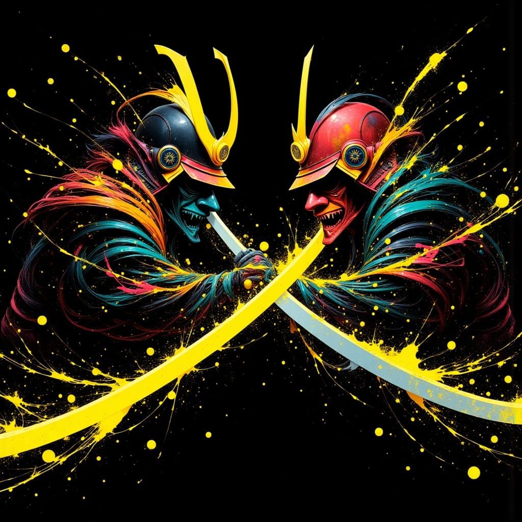 Samurai Clash with Yellow Sparks in Hokusai Style