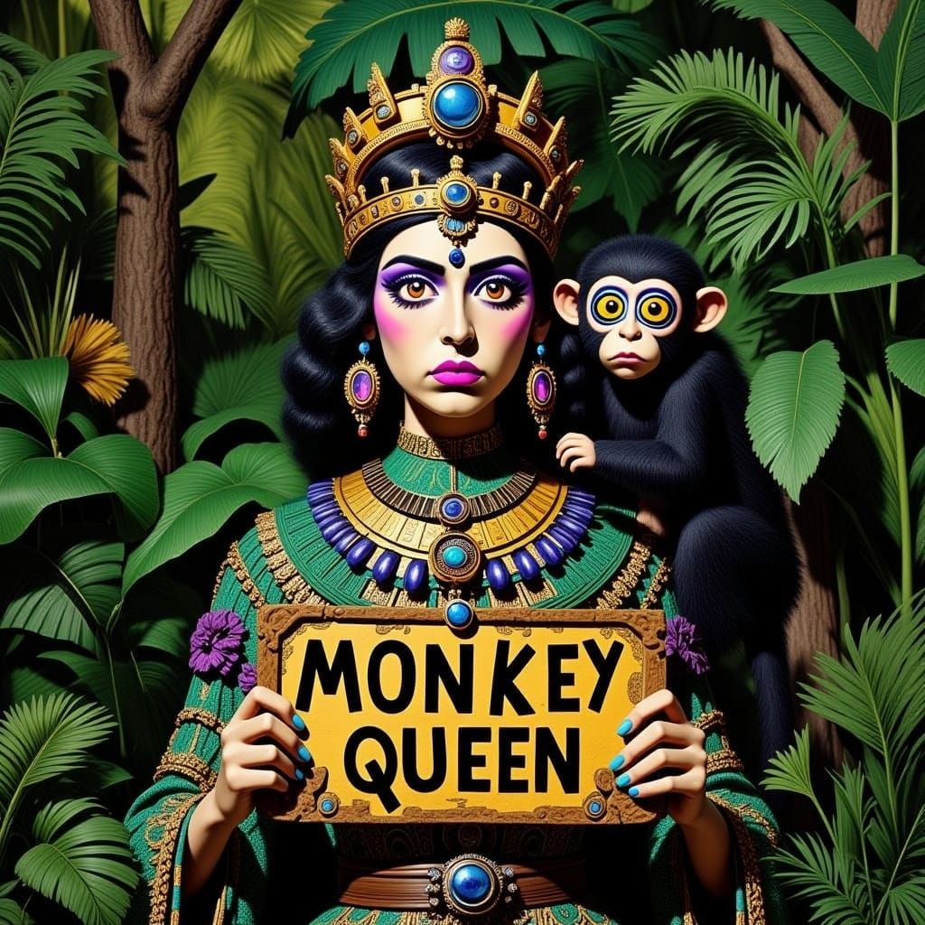 Jungle Queen with Monkey Sign in Dreamlike Landscape