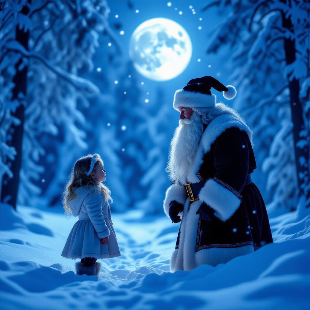 Father Frost Meets Girl in Moonlit Snowy Forest