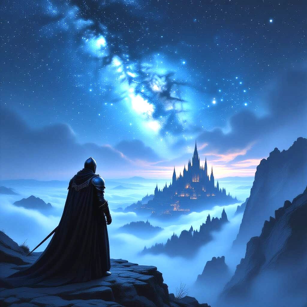 Knight Gazes at Starry Sky Above Misty Ancient City