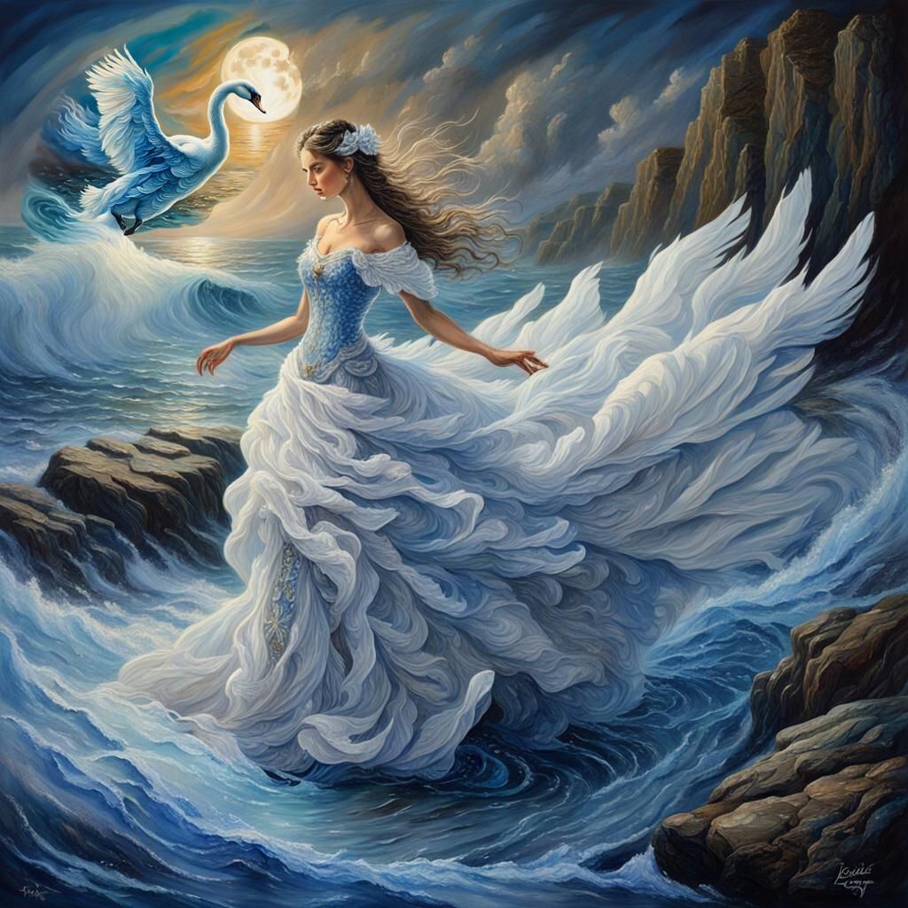 Mysterious Swan Glides on Waves: Oil Painting