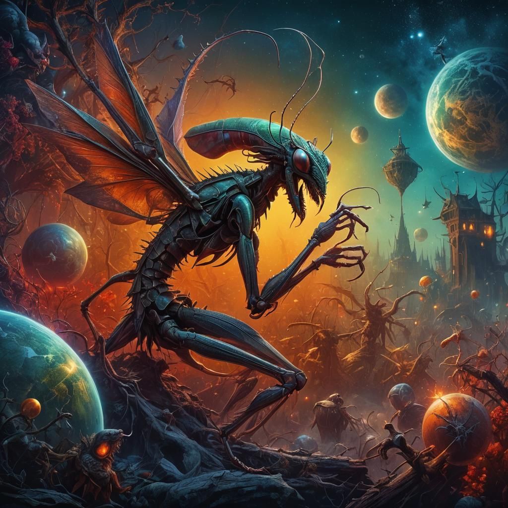 Praying Mantis Krampus in Dark Fantasy Style