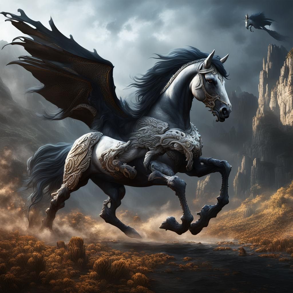 White Pegasus Confronts Black Dragon in Detailed Painting