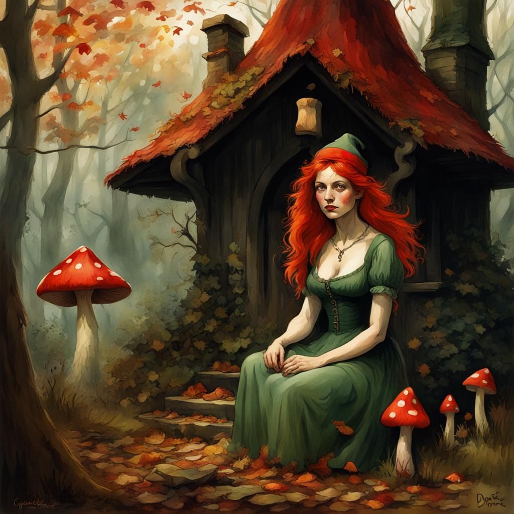 Woodland Witch in Autumnal Watercolour Style