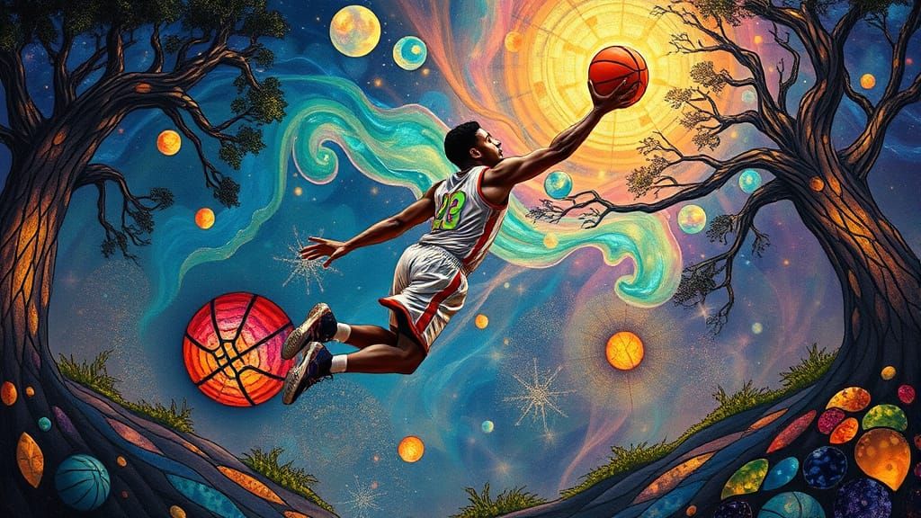 Basketball Player Soaring Through Dreamlike World in Surreal...