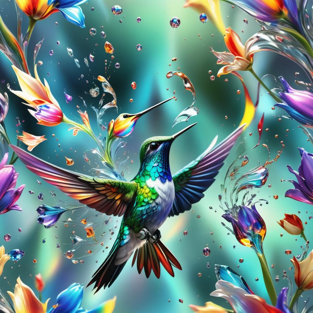 Iridescent Hummingbird with Crystal Tulips in Fractal Art