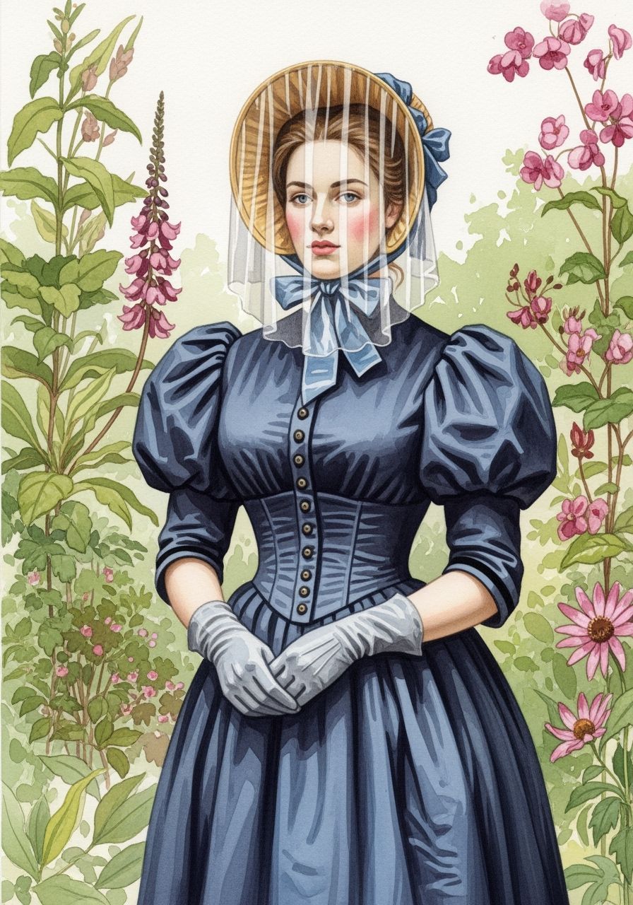 Victorian Woman in Botanic Garden, Watercolor Painting