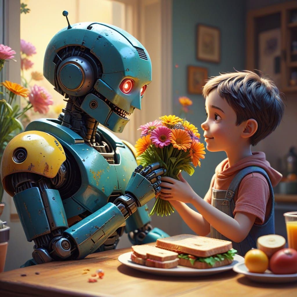 Heartwarming Robot and Child Exchange Flowers and Food