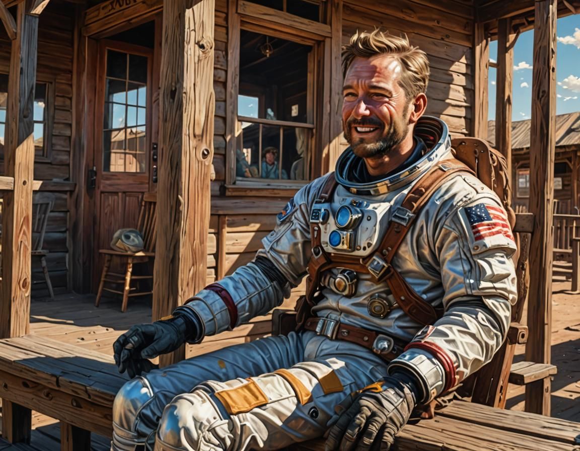 Astronaut in Wild West Town: Hyperrealistic Splash Art