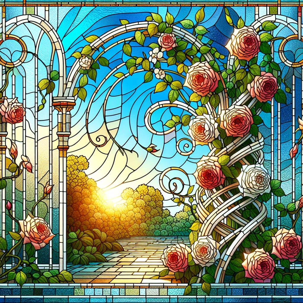 Stunning Art Nouveau Stained Glass Scene with Climbing Roses