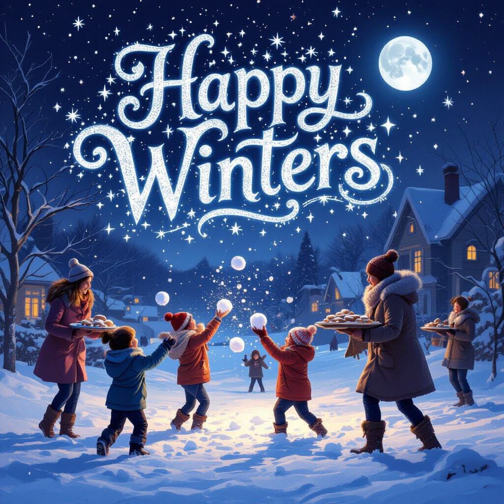 Winter Snowball Fight Scene with Mothers and Cookies