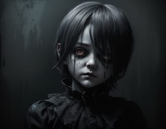 Grunge Oil Painting of a Creepy Doll with Ghostly Eyes