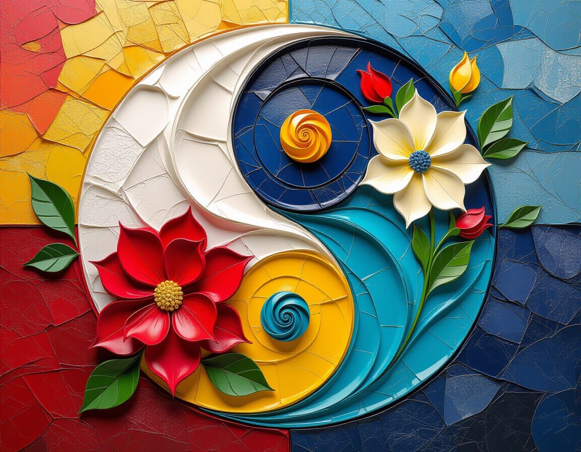 Surreal Yin Yang Stone Flower Impasto Oil Painting