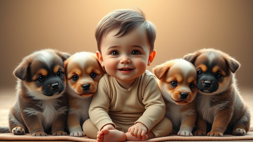 Cute Baby Boy and Puppies in Epic 3D Game Style