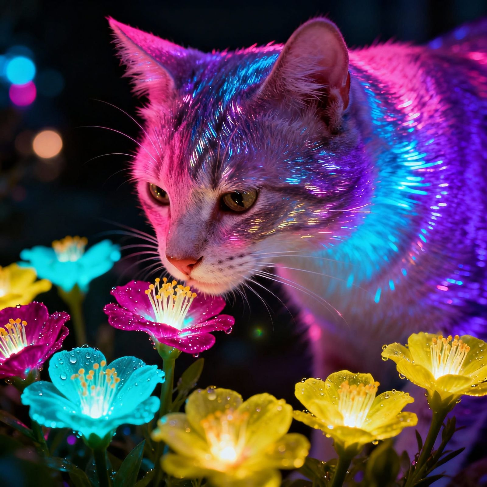 Vibrant Cat Sniffing Neon Flowers in Hyperrealistic Style