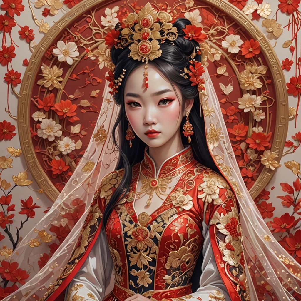 Chinese Bride in Red Hanfu with Gold Embroidery
