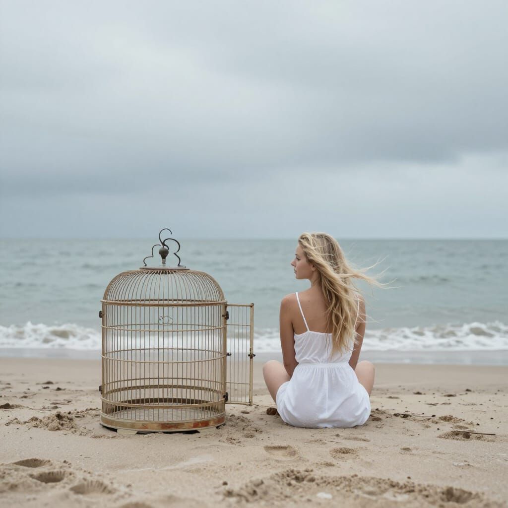 Woman on Windswept Beach Beside Empty Birdcage