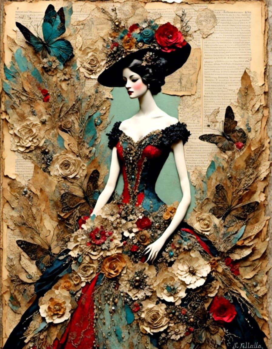 Colorful 1920s Fashion Illustration in Mixed Media Collage