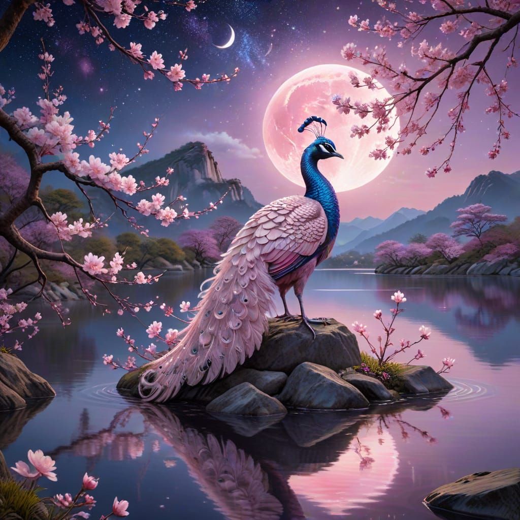 Vibrant Pink Peacock in Cherry Blossom Landscape