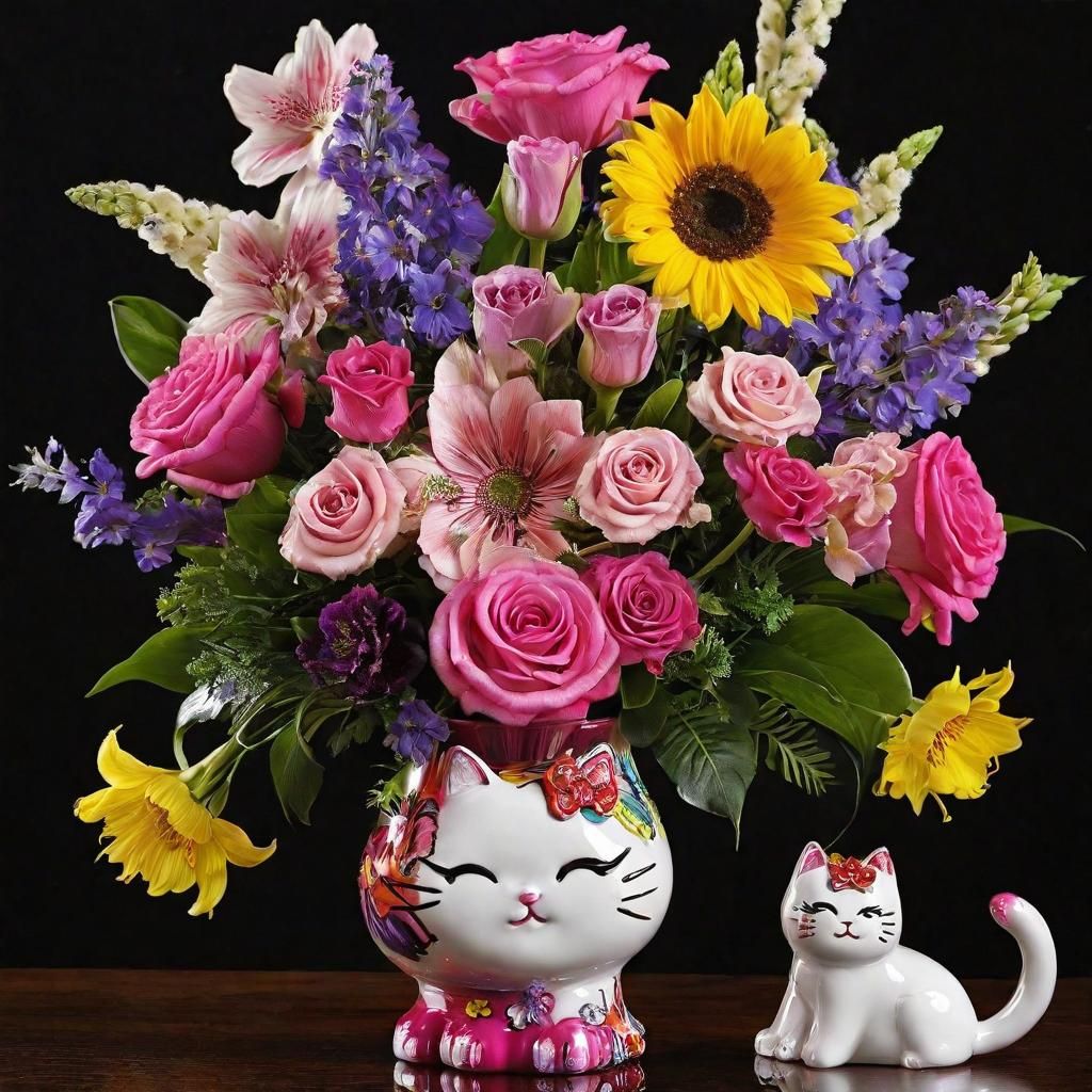 Kawaii Neko Flower Vase with Sculptured Ceramic Details