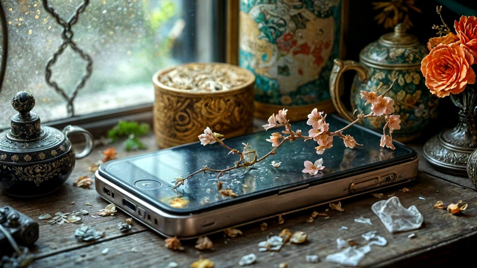 Vines Bloom From Broken Phone: Hyperrealistic Art