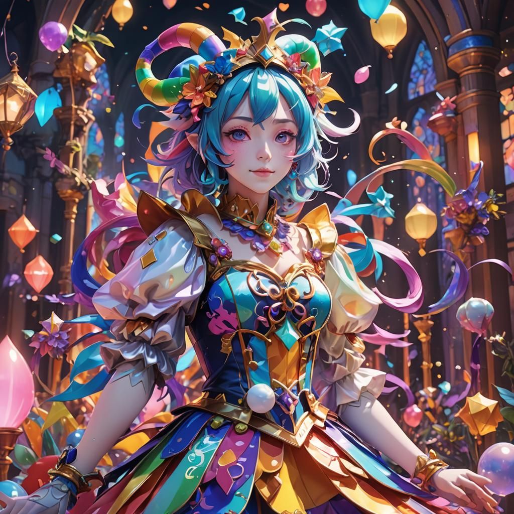 Colorful Jester in Anime Style High Fantasy Setting