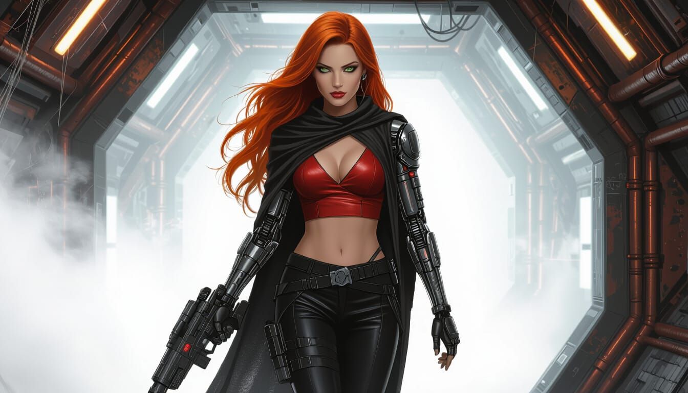 Seductive Woman with Fiery Hair in Dark Sci-Fi Hall