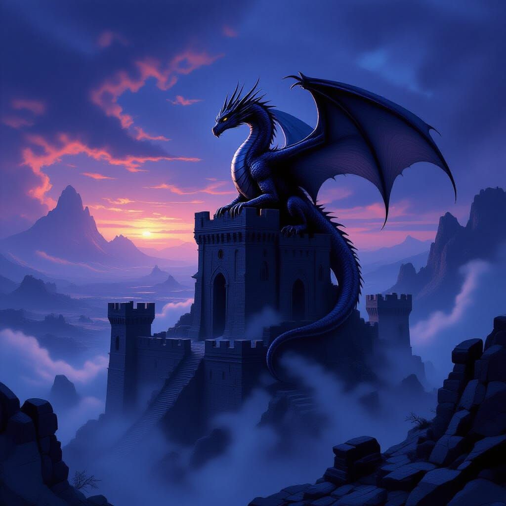 Ancient Dragon on Citadel Overlooking Desolate Landscape