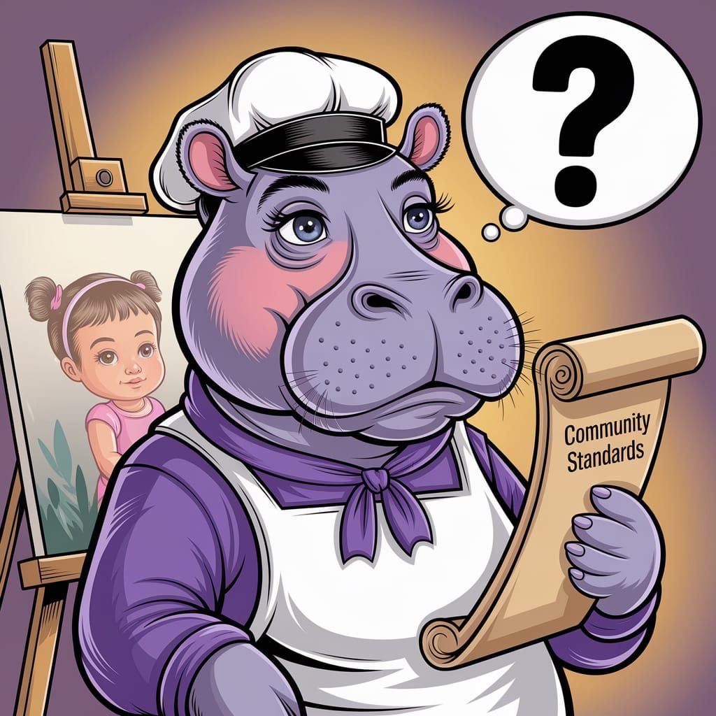 Puzzled Hippo Artist with Community Standards Scroll