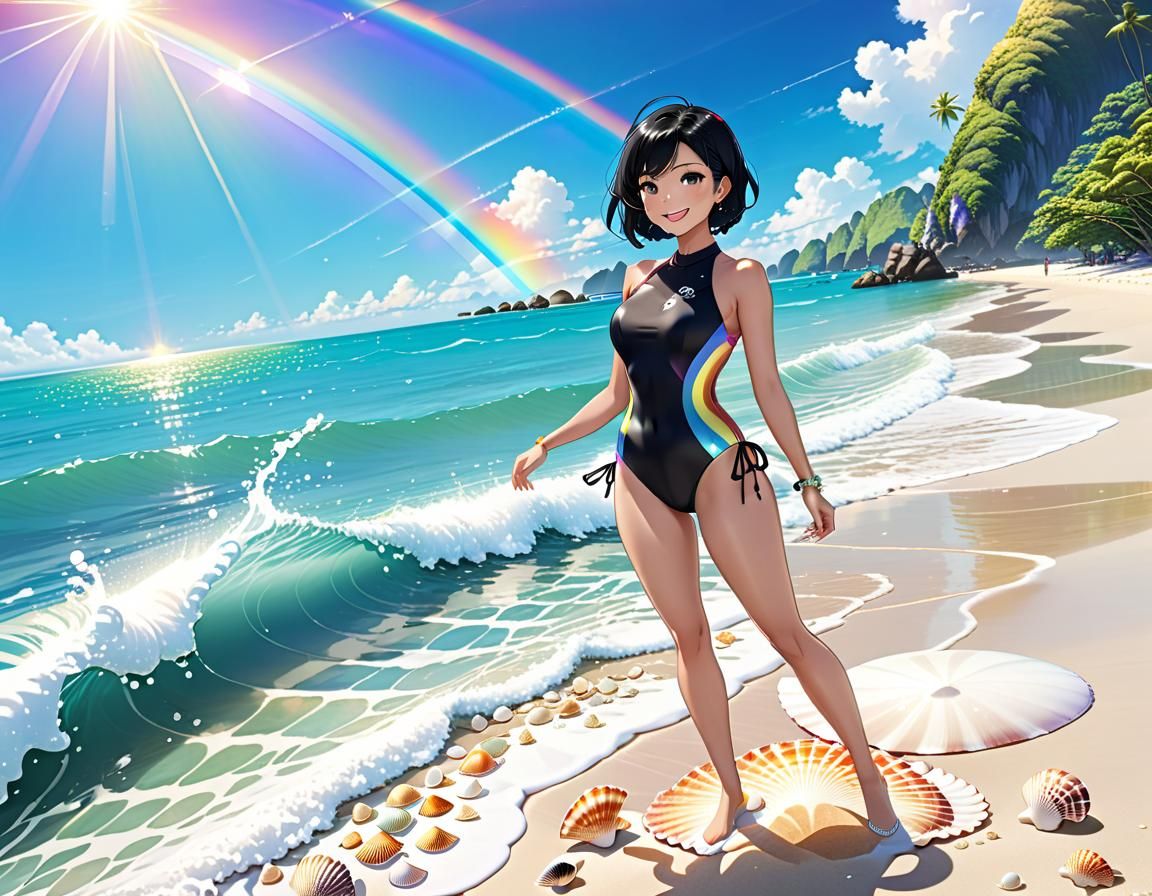 Anime Girl Collecting Seashells on Thailand Beach