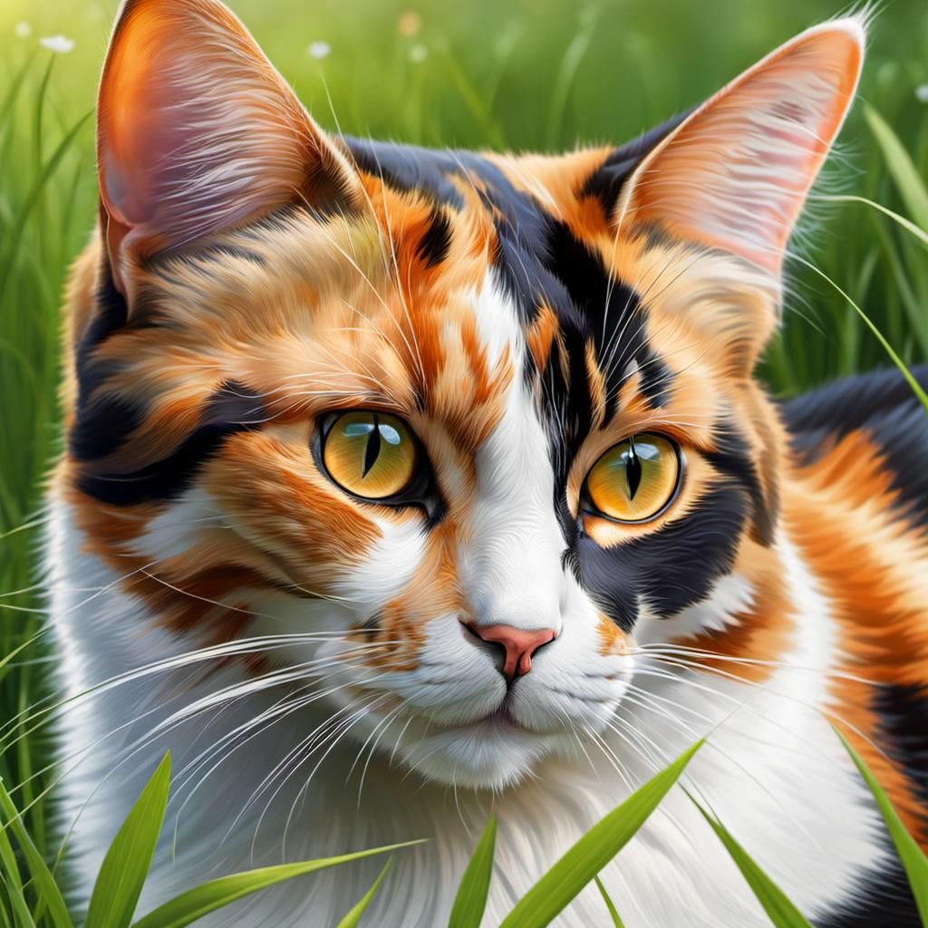 Calico Cat Watching Birds in Grassy Field