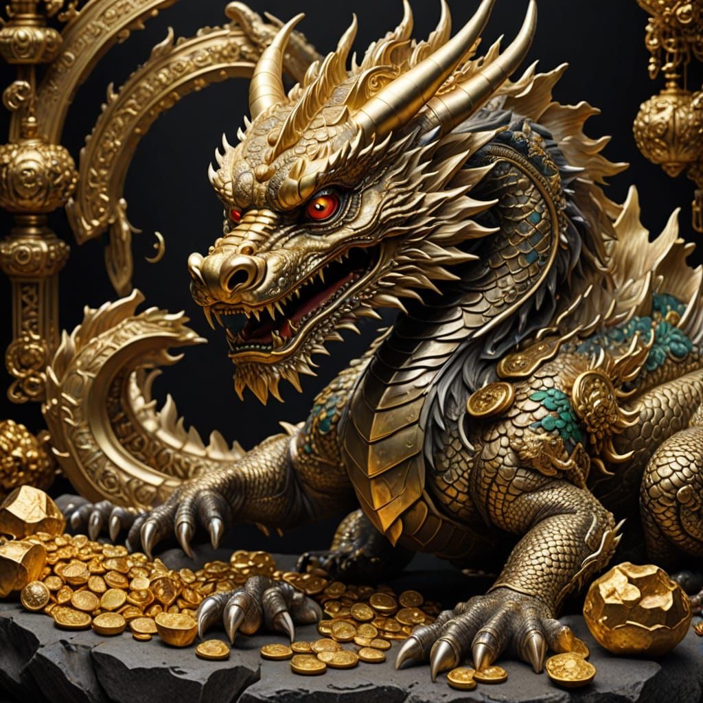 Majestic Chinese Dragon Guards Treasure of Gold