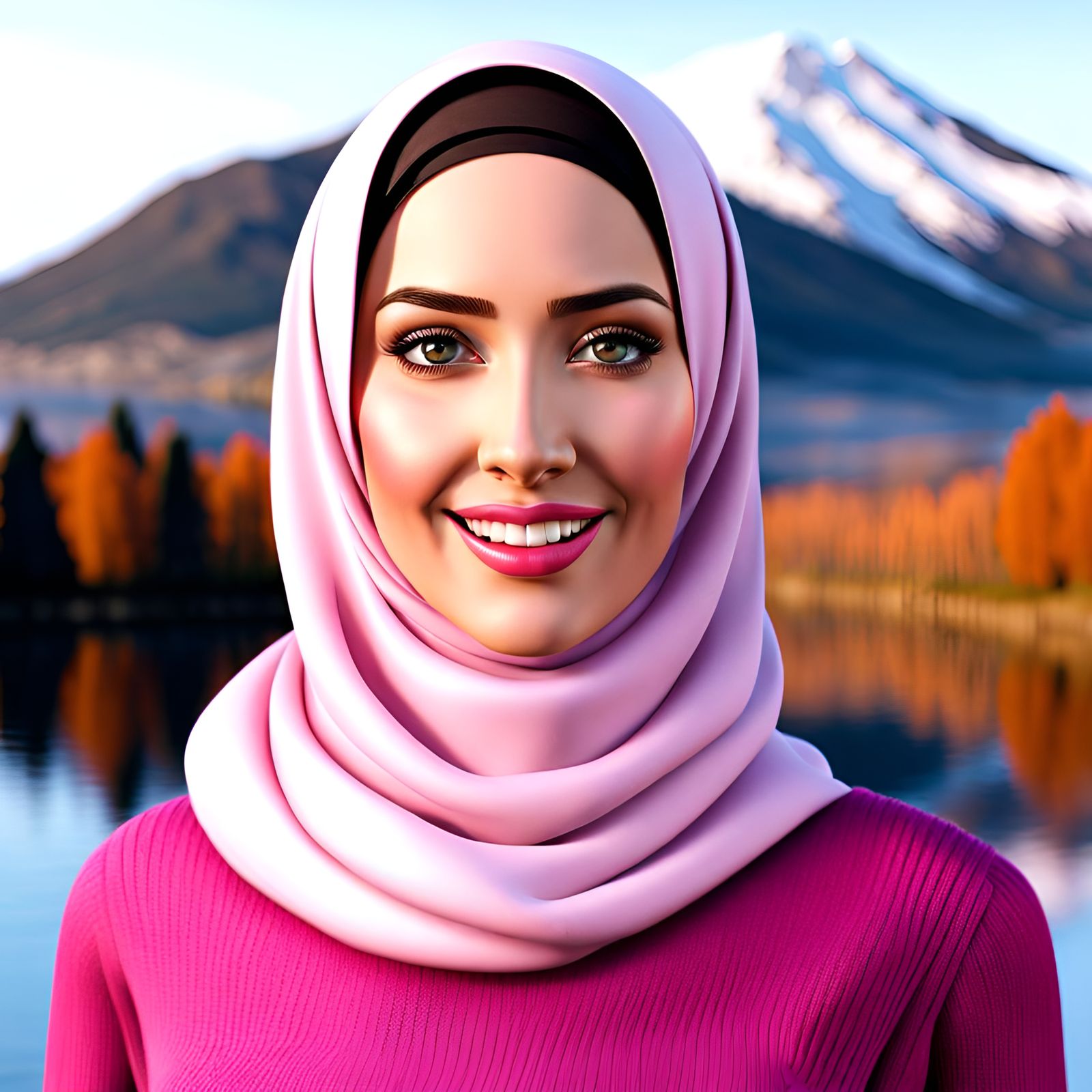 Elegant Hijabi Woman Portrait with Mountain Background
