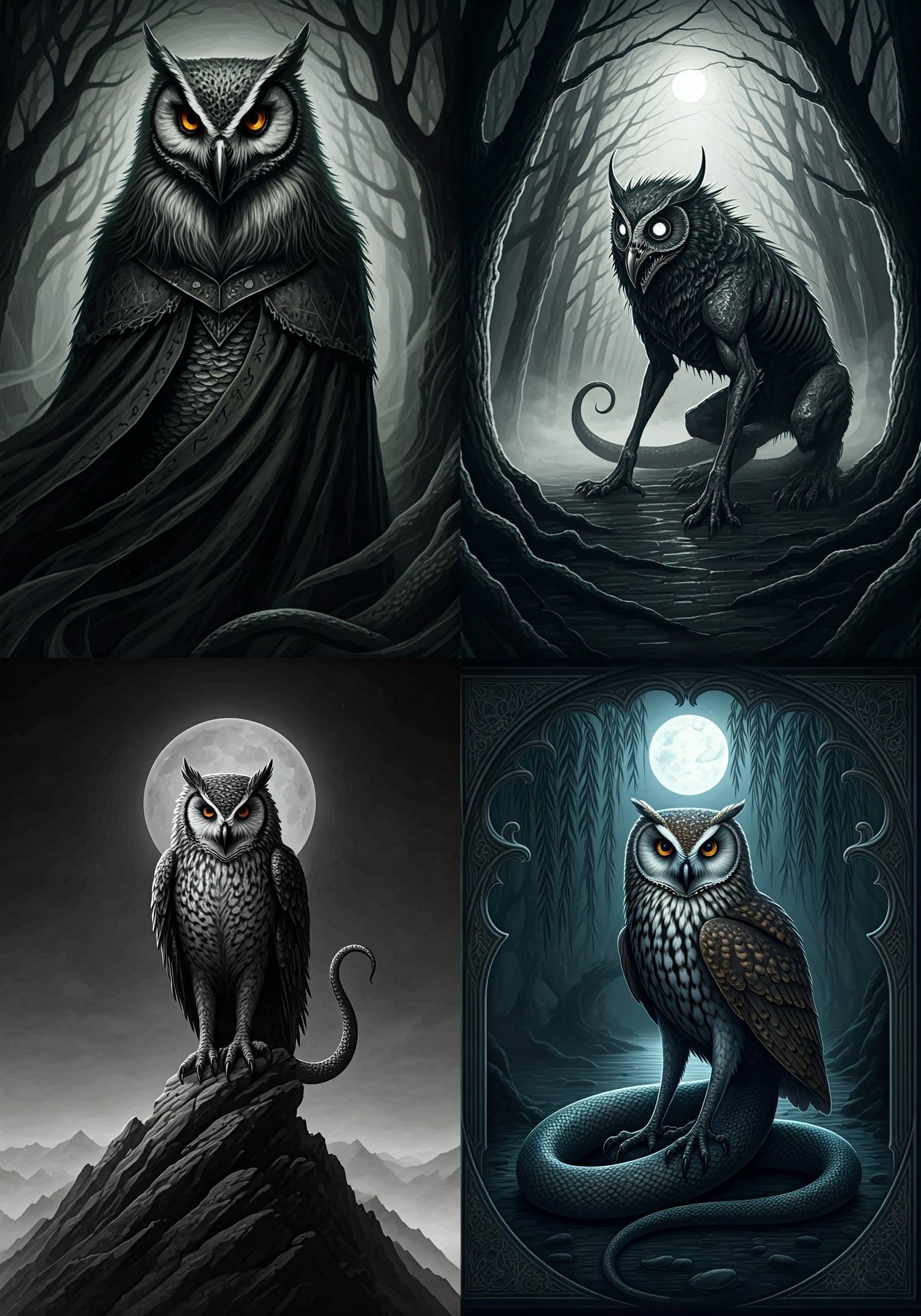 Monochromatic Gothic Demon with Wolf Body and Owl Head