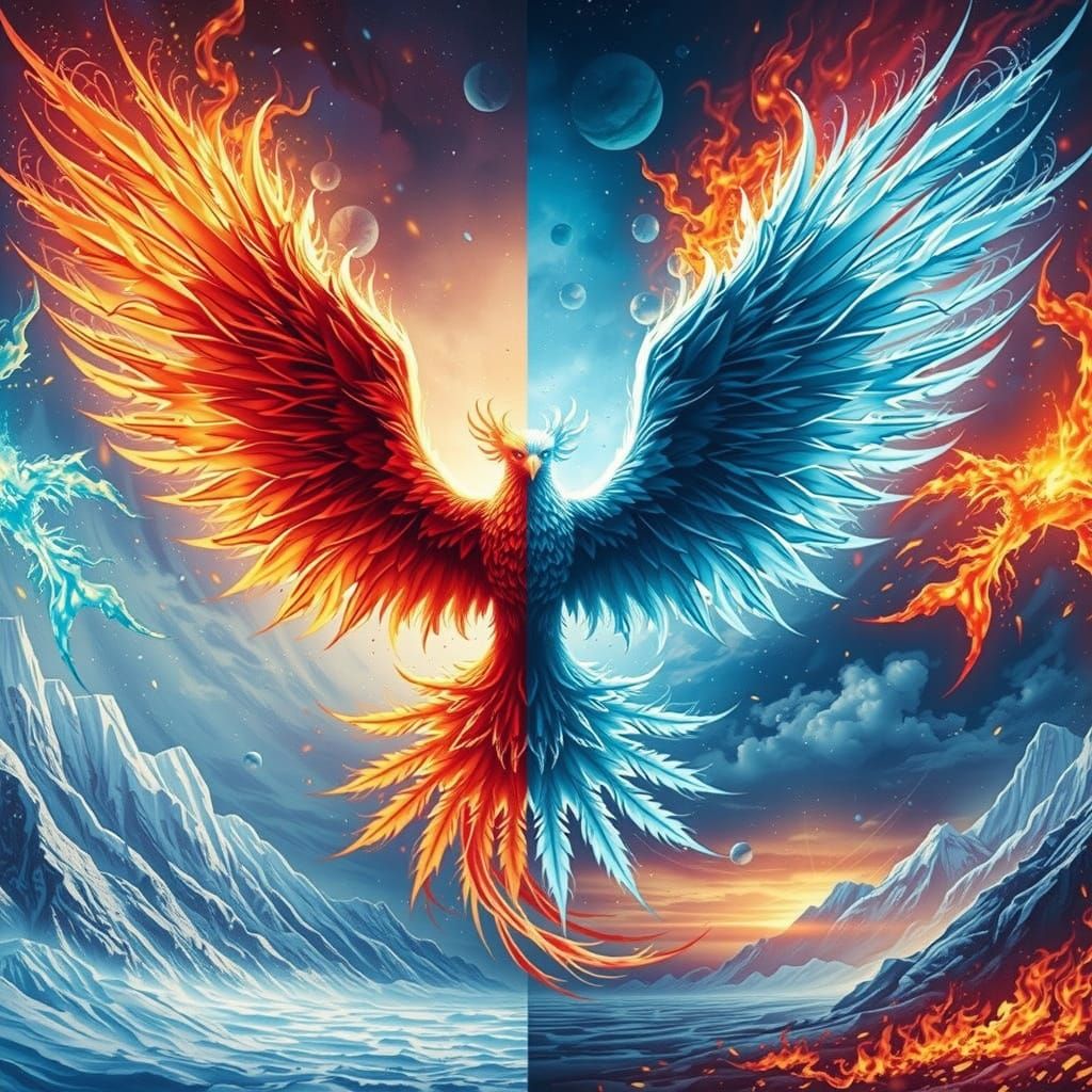 A majestic phoenix soars in the sky, its wings fully extende...