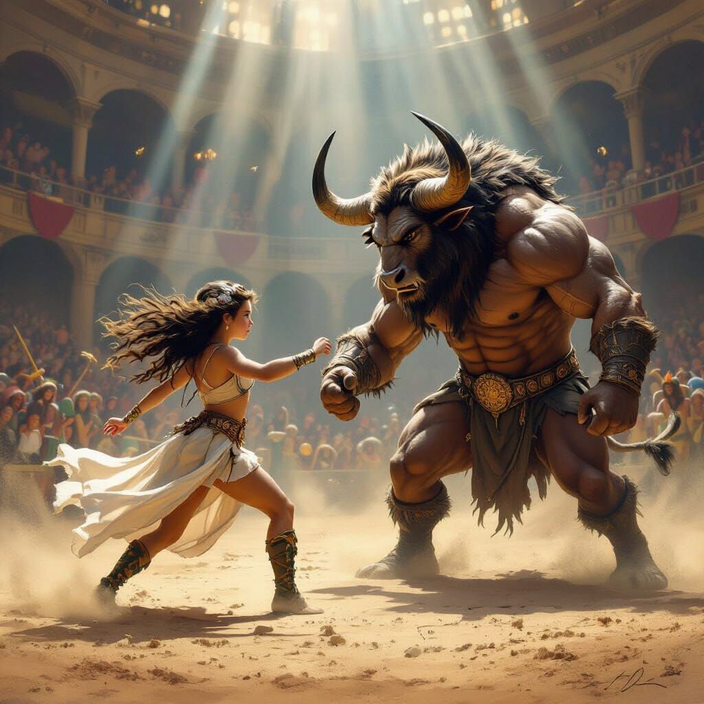Lioness Warrior Battles Bull-Man in Epic Fantasy Arena