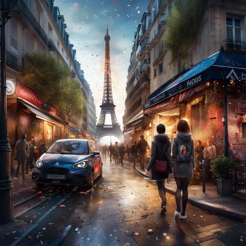 Parisian Street Scene with Eiffel Tower in Hyperreal Detail