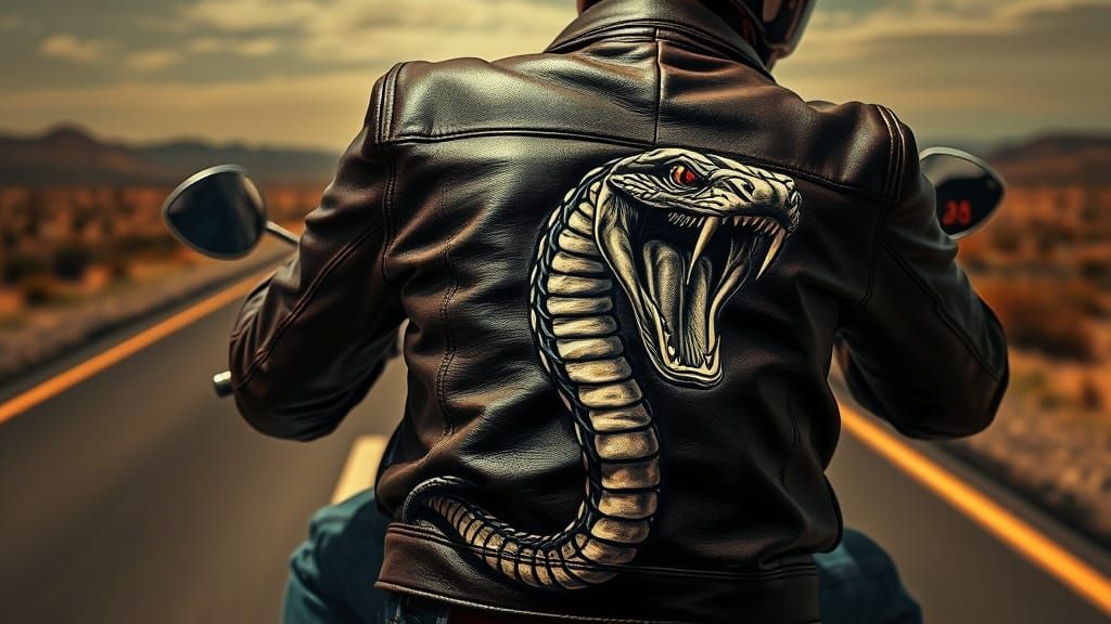 Vicious Cobra on Leather Jacket in Neon-Lit Desert Landscape