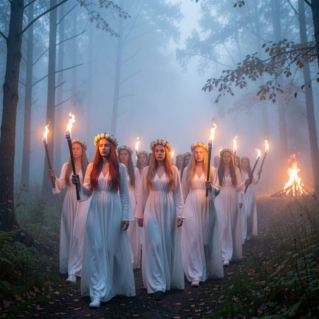 Women's Torchlit Procession in Misty Forest