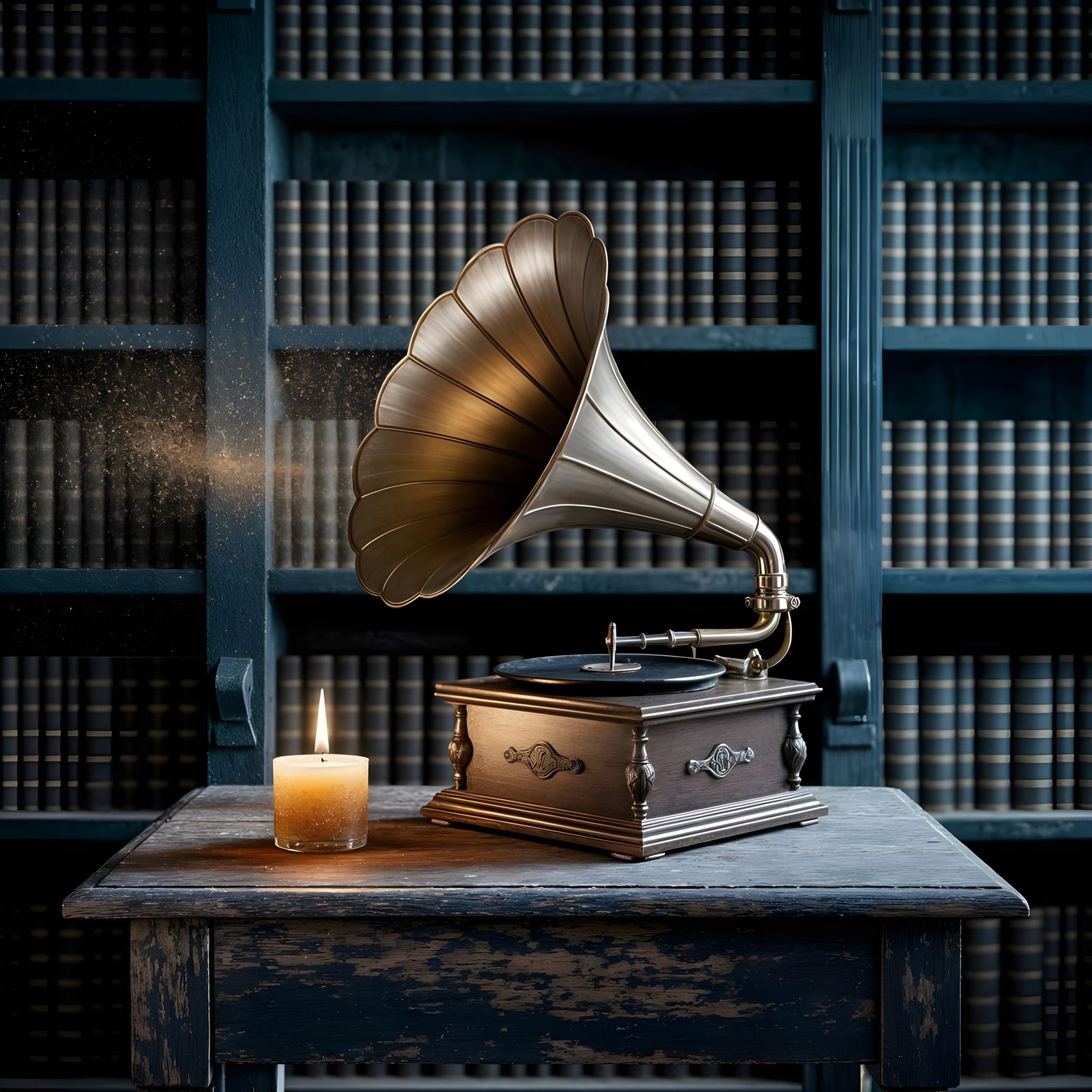 Antique Gramophone Emits Dust Vortex in Candlelight