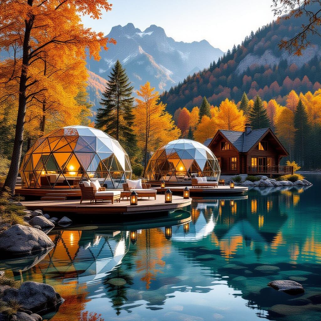Glamping Domes by Autumn Lake: Photorealistic 8k